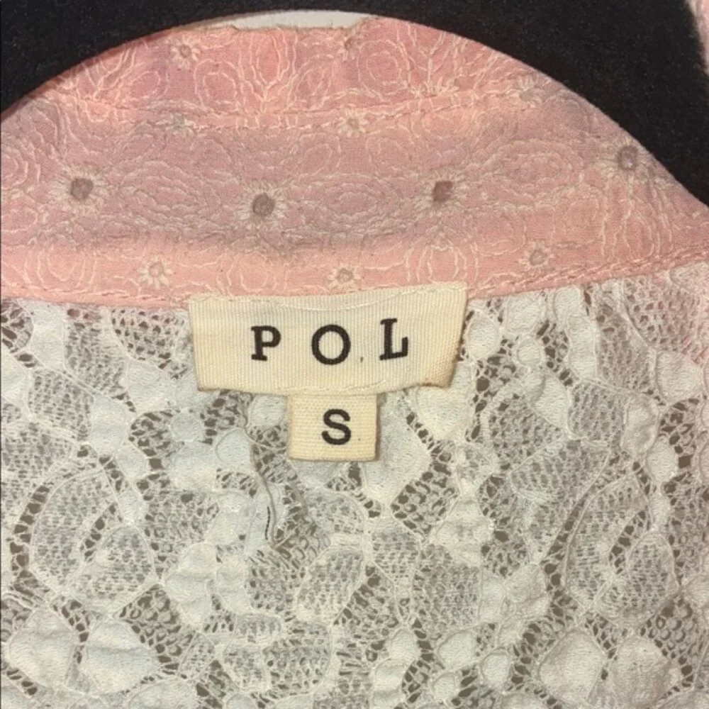POL Shacket Women's Pink Pearl Lace Eyelet Woven Balloon Sleeve Front Pockets - Picture 4 of 7